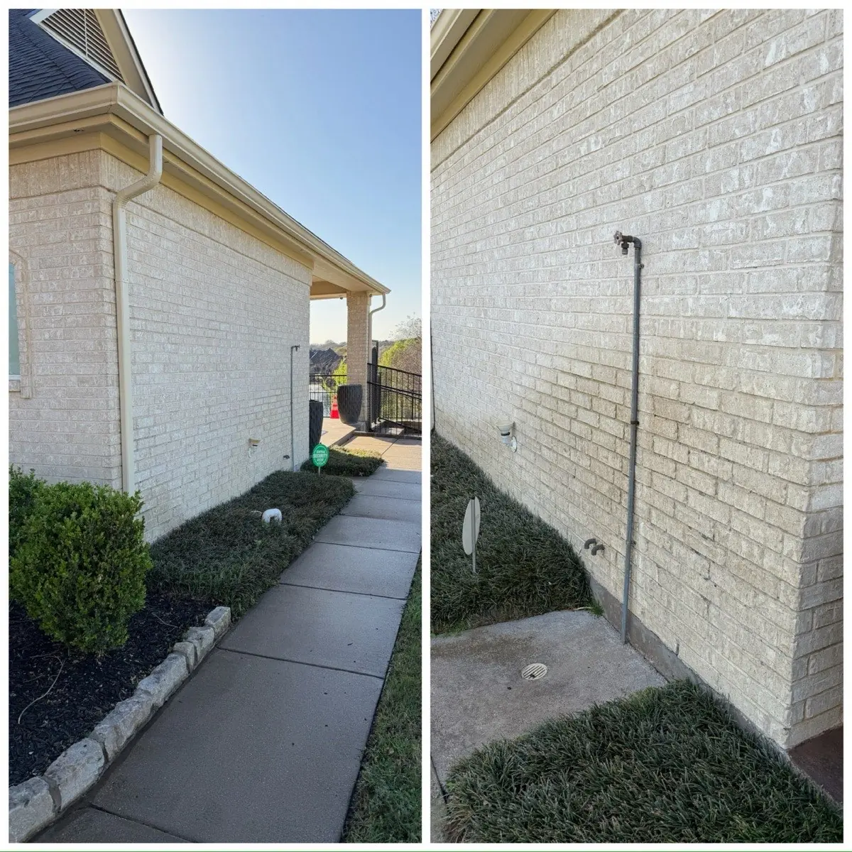 Before and after pressure washing a brick home exterior, cleaned back to bright white, in the DFW area