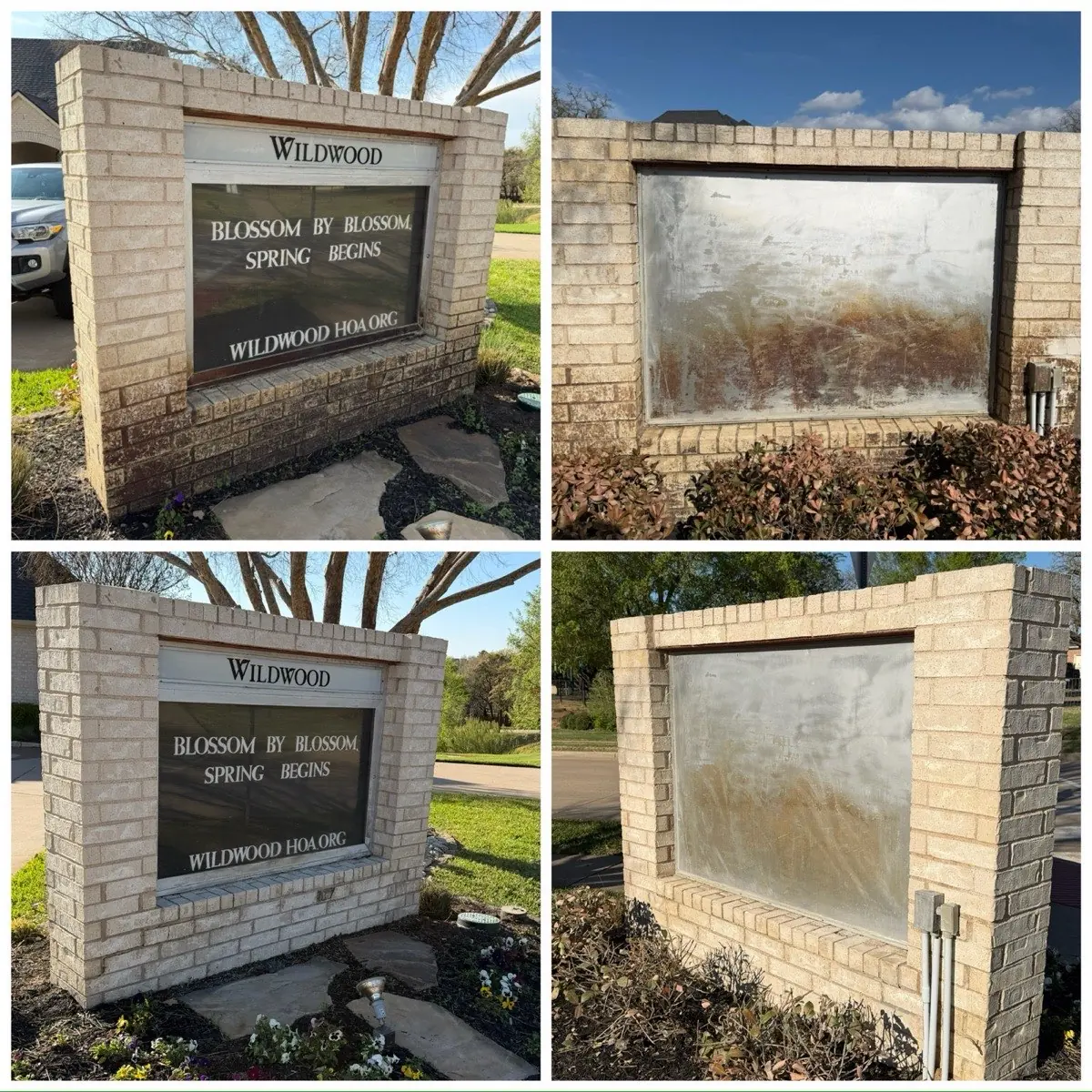 Before and after pressure washing an HOA brick monument sign and glass in the DFW area