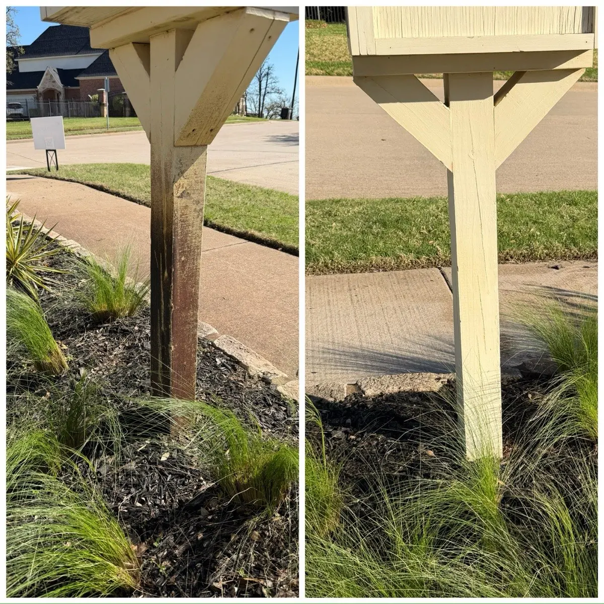 Before and after pressure washing a wooden signpost, cleaned without stripping the paint