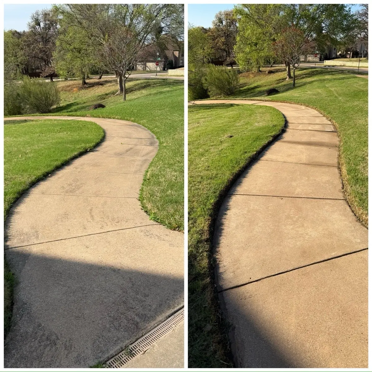 Before and after pressure washing a curved concrete walkway, years of grime lifted
