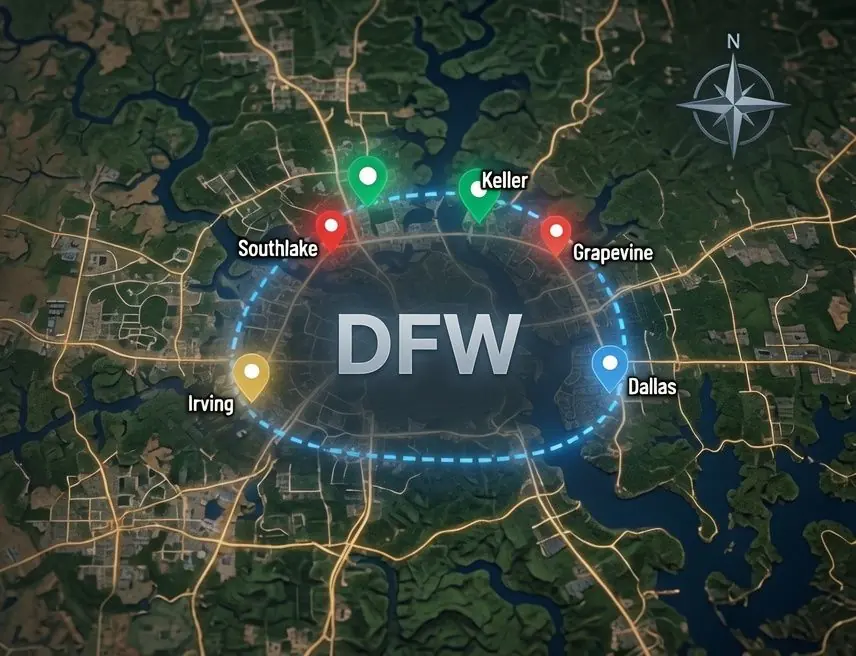 Illustrative satellite-style map of the Elevate Pressure Washing service area across the DFW Metroplex, with Southlake as the home base
